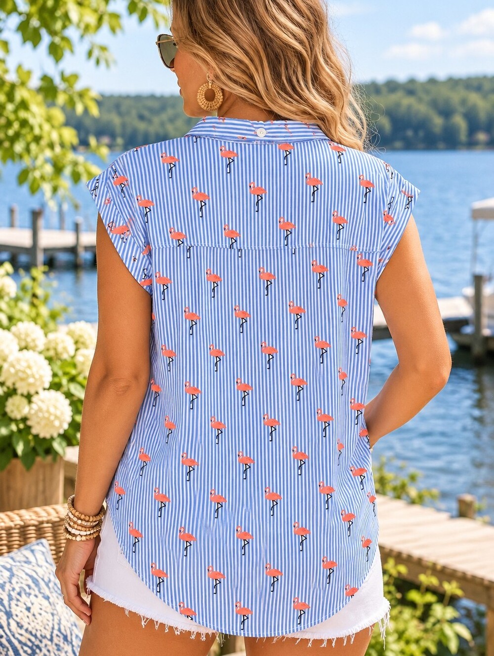 Blue Striped Sleeveless Button-Down Shirt with Pink Flamingo Print - Picture 4 of 6